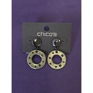 Chico's Dangle Earrings Matte Gold Rings Shiny Black Gunmetal Rhinestone Pierced
